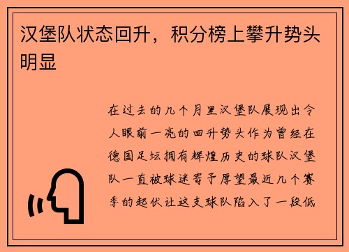 汉堡队状态回升，积分榜上攀升势头明显