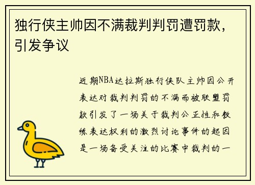 独行侠主帅因不满裁判判罚遭罚款，引发争议