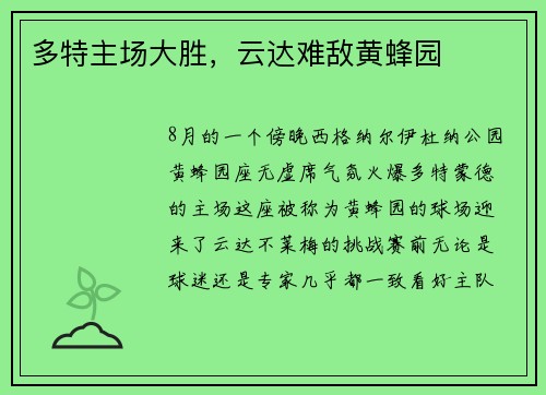 多特主场大胜，云达难敌黄蜂园