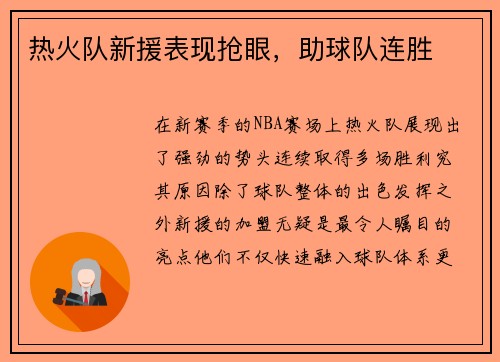 热火队新援表现抢眼，助球队连胜