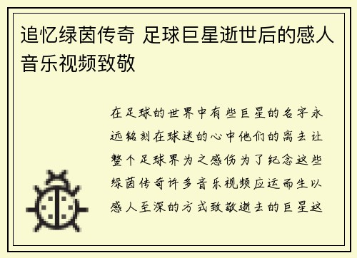 追忆绿茵传奇 足球巨星逝世后的感人音乐视频致敬