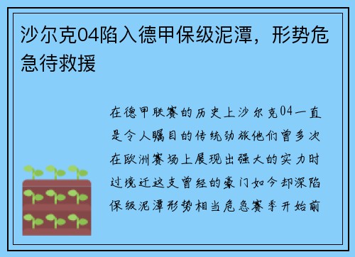 沙尔克04陷入德甲保级泥潭，形势危急待救援