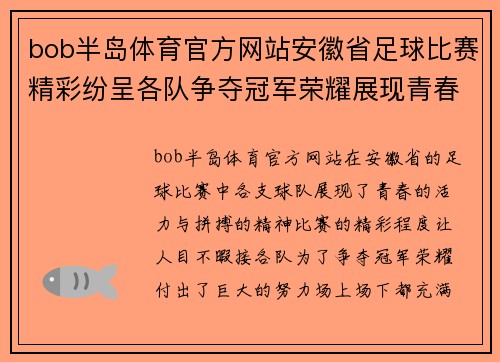 bob半岛体育官方网站安徽省足球比赛精彩纷呈各队争夺冠军荣耀展现青春风采