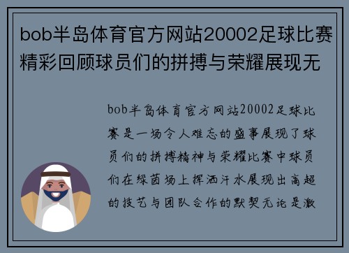 bob半岛体育官方网站20002足球比赛精彩回顾球员们的拼搏与荣耀展现无遗