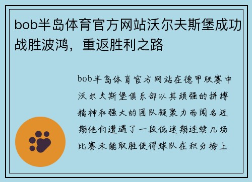 bob半岛体育官方网站沃尔夫斯堡成功战胜波鸿，重返胜利之路