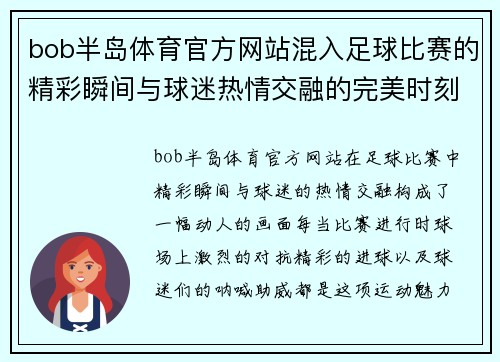 bob半岛体育官方网站混入足球比赛的精彩瞬间与球迷热情交融的完美时刻